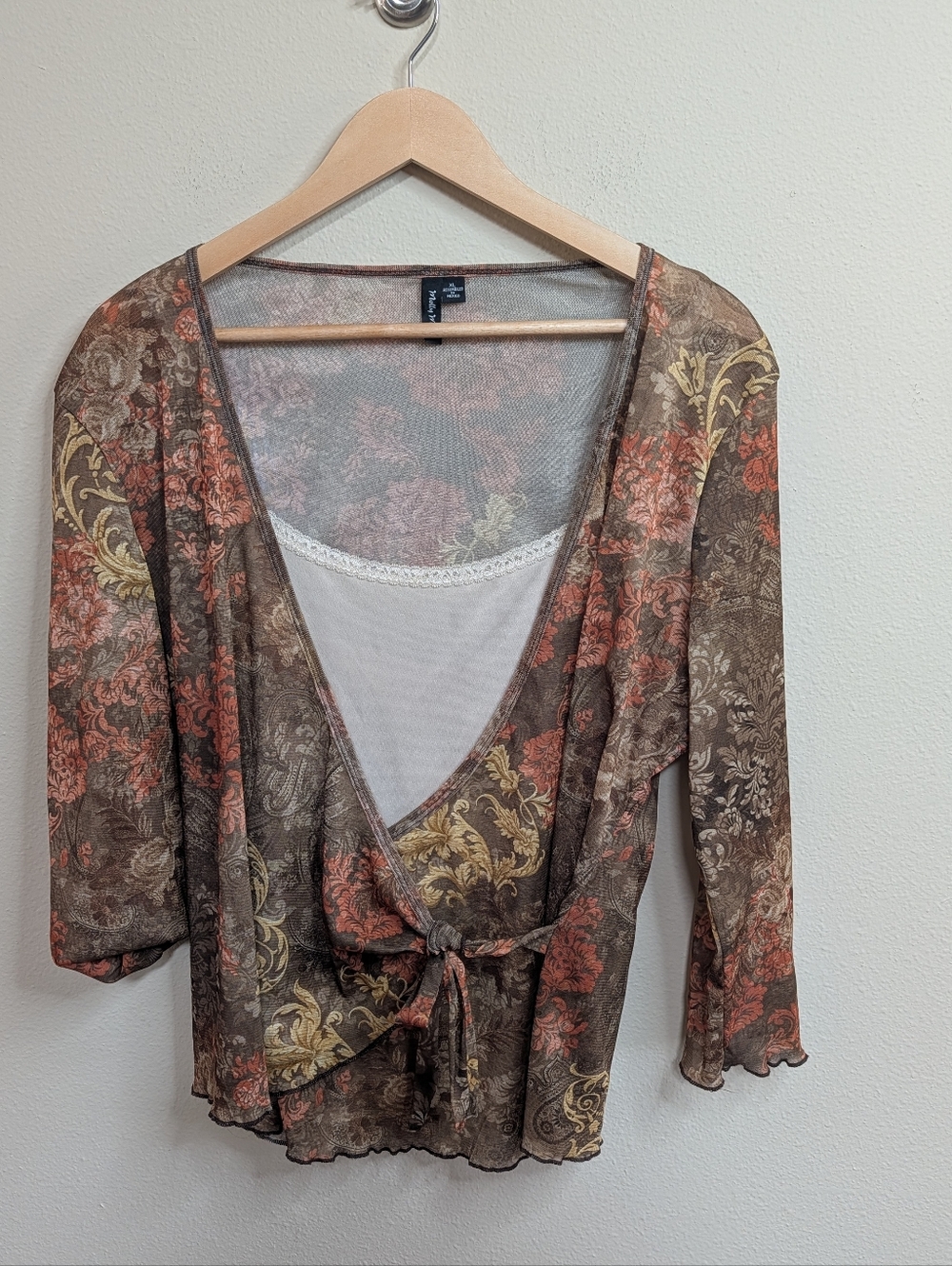 Floral Tie-Front Sheer Blouse in Brown and Coral